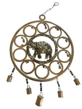 DecMode Gold Metal Embellished Elephant Wind Chime with Glass Beads and Bells
